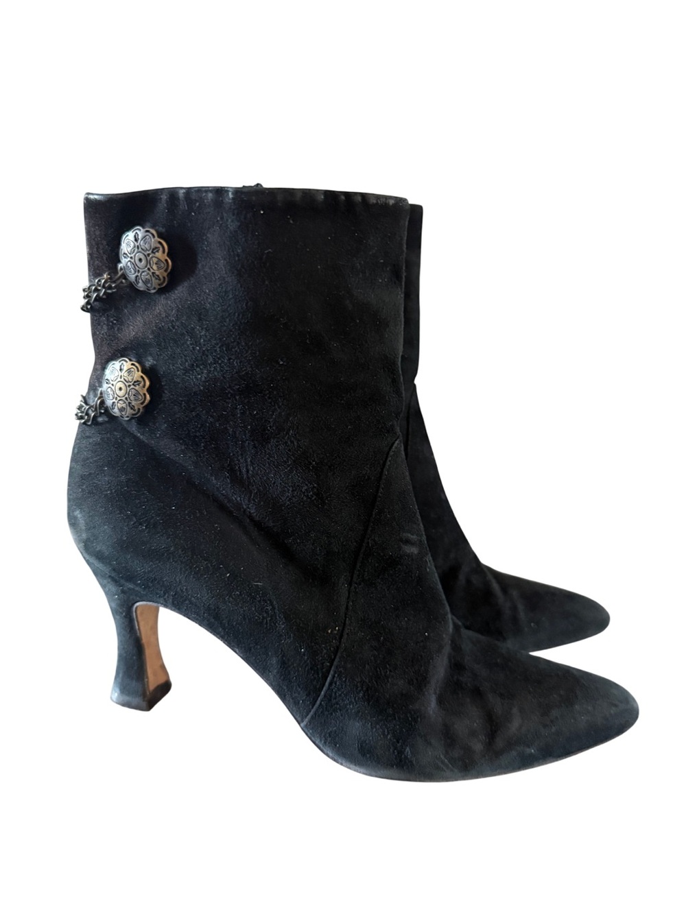 Bally Suede Vintage Medallion Chain Pointed Toe Heel Boots Size 8